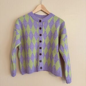 NWT Hyipels Argyle Cardigan Sweater - OS (fits like L) - Purple and Green